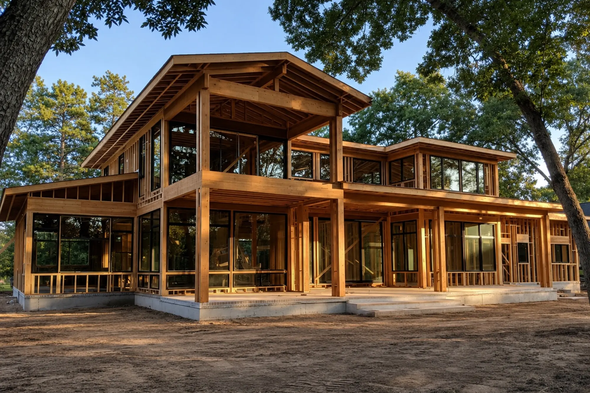 Custom two-story home framed in wood beneath mature trees